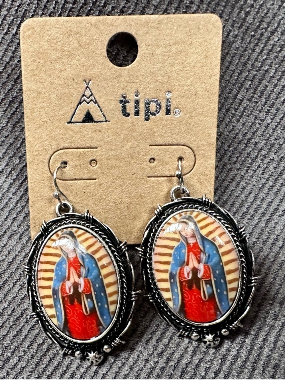 Our Lady Guadalupe dangle earrings silver tone
